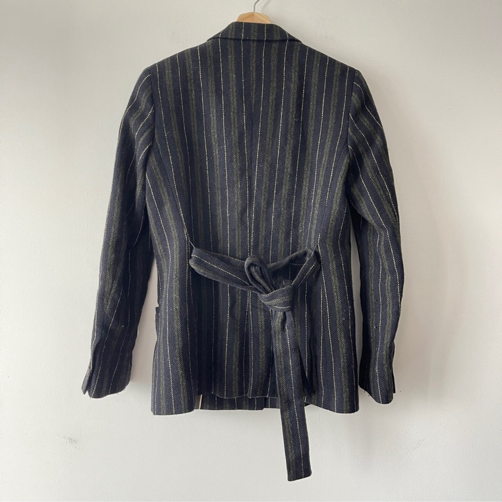 Massimo Dutti Striped Double-Breasted Blazer wool navy green office waist tie 6 - Picture 3 of 11